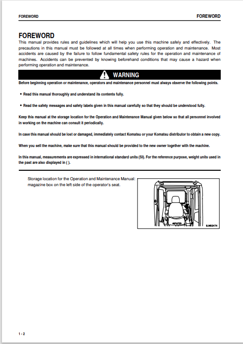 Komatsu PC270-8 Hydraulic Excavator Operator Manual S/N 20001-UP