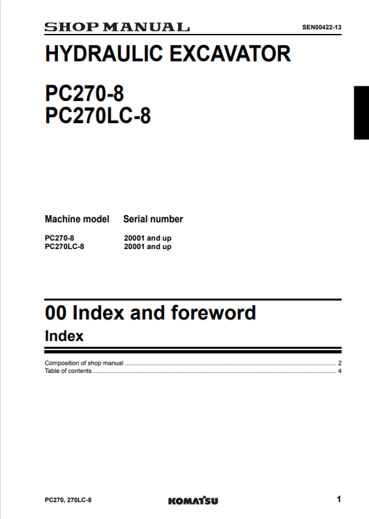 Komatsu PC270-8 PC270LC-8 Excavator Service & Repair Manual 20001-UP
