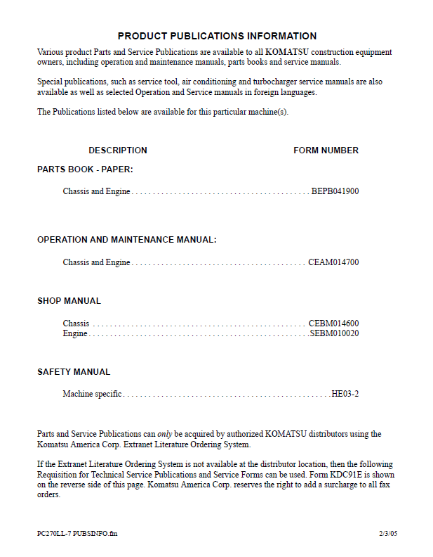 Komatsu PC2700LL-7L Excavator PDF Manual CEAM014701