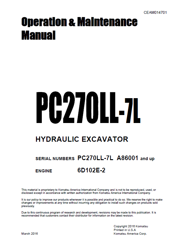 Komatsu PC2700LL-7L Hydraulic Excavator Manual CEAM014701