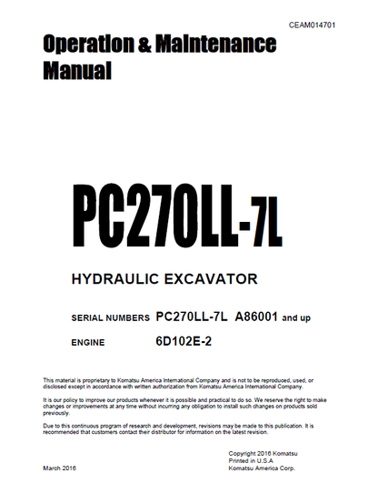 Komatsu PC2700LL-7L Hydraulic Excavator Manual CEAM014701