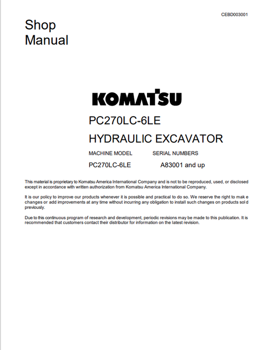 Komatsu PC270LC-6LE Hydraulic Excavator Shop Manual A83001