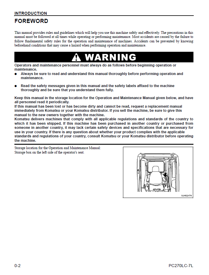 Komatsu PC270LC-7L Hydraulic Excavator Operating Instructions Manual CEAM008703