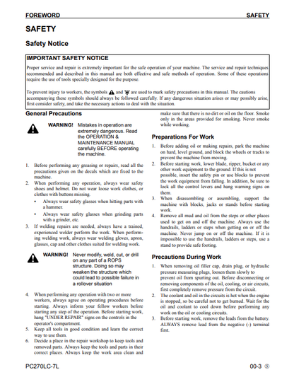 Komatsu PC270LC-7L Hydraulic Excavator Troubleshooting and Repair Manual PDF