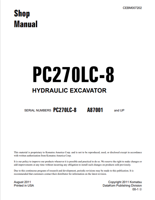 Komatsu PC270LC-8 Excavator Shop & Repair Manual PDF