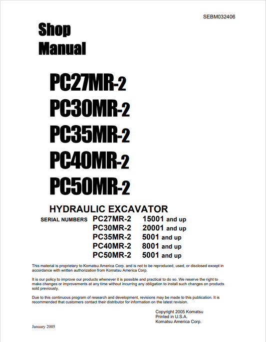 Komatsu PC27MR-2 PC30MR-2 PC35MR-2 PC40MR-2 PC50MR-2 Hydraulic Excavator Service Repair Manual - PDF File