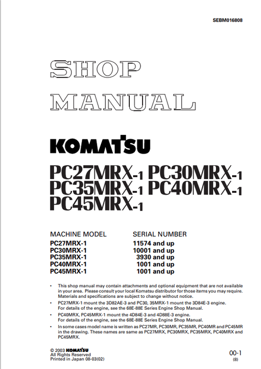 Komatsu PC27MRX-1, PC30MRX-1, PC35MRX-1, PC40MRX-1, PC45MRX-1 Excavator Shop Manual - PDF File