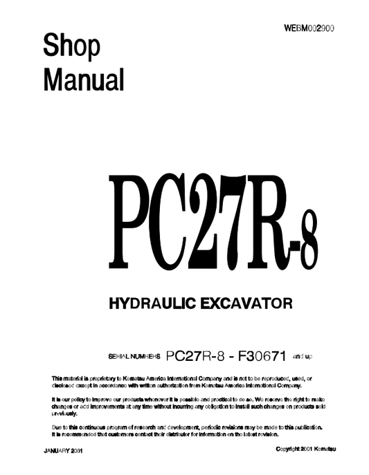Komatsu PC27R-8 Hydraulic Excavator Shop Manual SN: F30671 and Up - PDF File