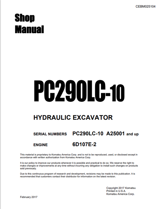 Komatsu PC290LC-10 Excavator Shop & Repair Manual PDF