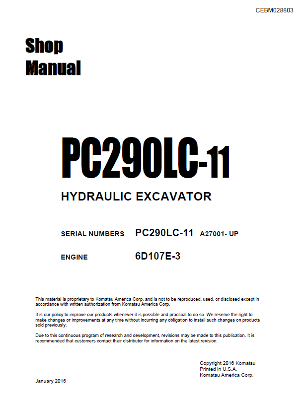 Komatsu PC290LC-11 Hydraulic Excavator Shop Manual CEBM028803