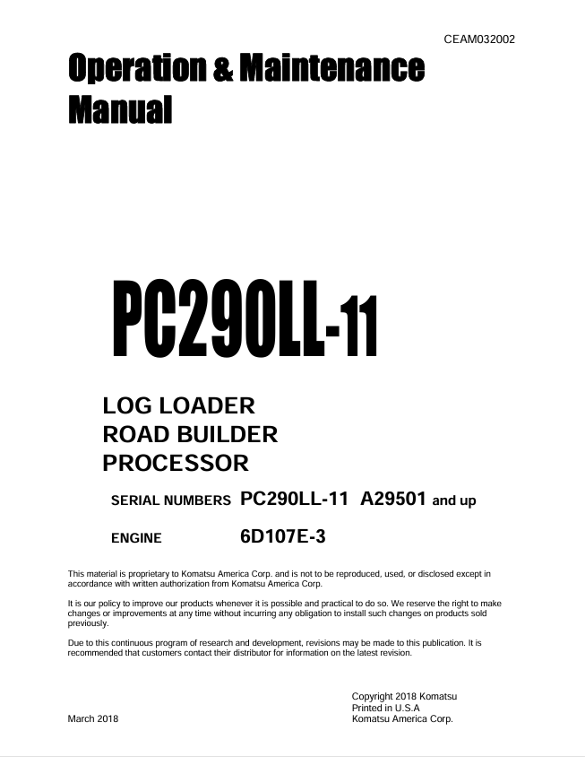 Komatsu PC290LL-11 Log Loader Operation and Maintenance Manual CEAM032002