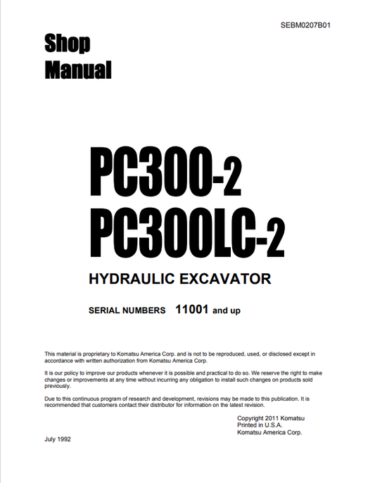 Komatsu PC300-2 PC300LC-2 Hydraulic Excavator Shop Manual PDF