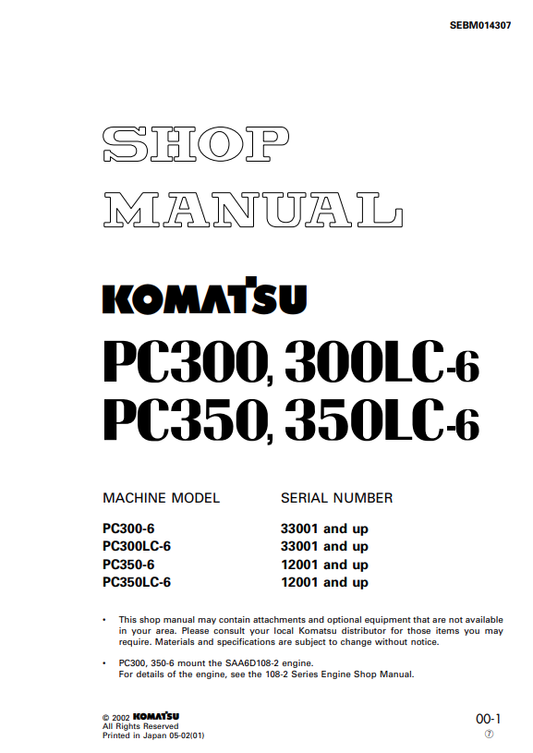 Komatsu PC300-6 PC350-6 Hydraulic Excavator Shop Manual PDF