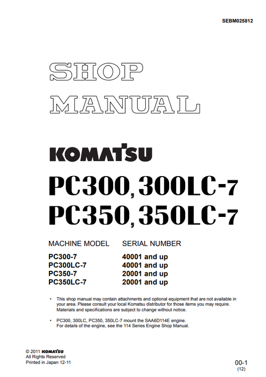 Komatsu PC300-7 Excavator Shop & Repair Manual PDF