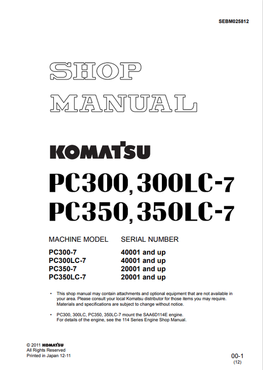 Komatsu PC300-7 PC350-7 Hydraulic Excavator Shop Manual PDF