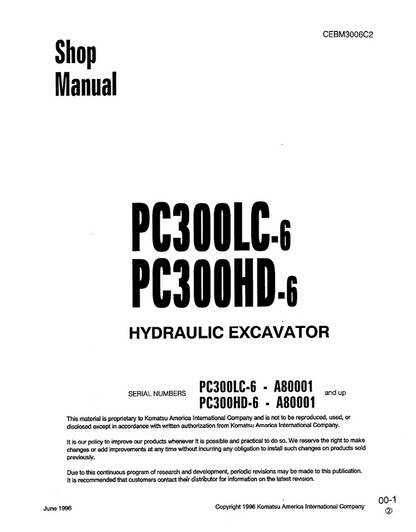 Komatsu PC300LC-6 PC300HD-6 Hydraulic Excavator Shop Manual – CEBM3006C2