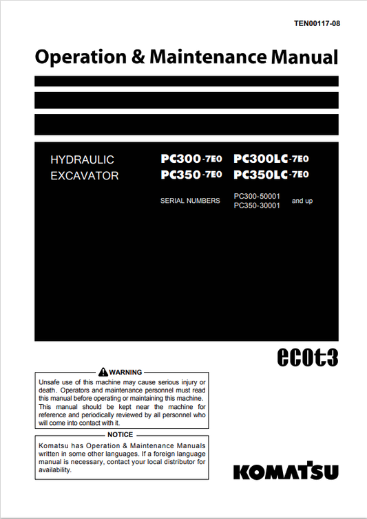 Komatsu PC300LC-7E0 Excavator Operation & Maintenance Manual PDF