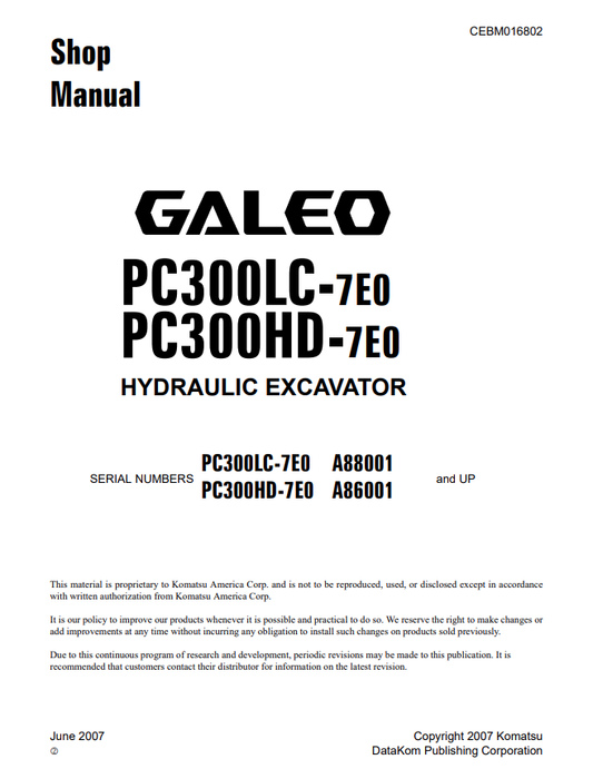Komatsu PC300LC-7E0 Excavator Shop Service Manual PDF
