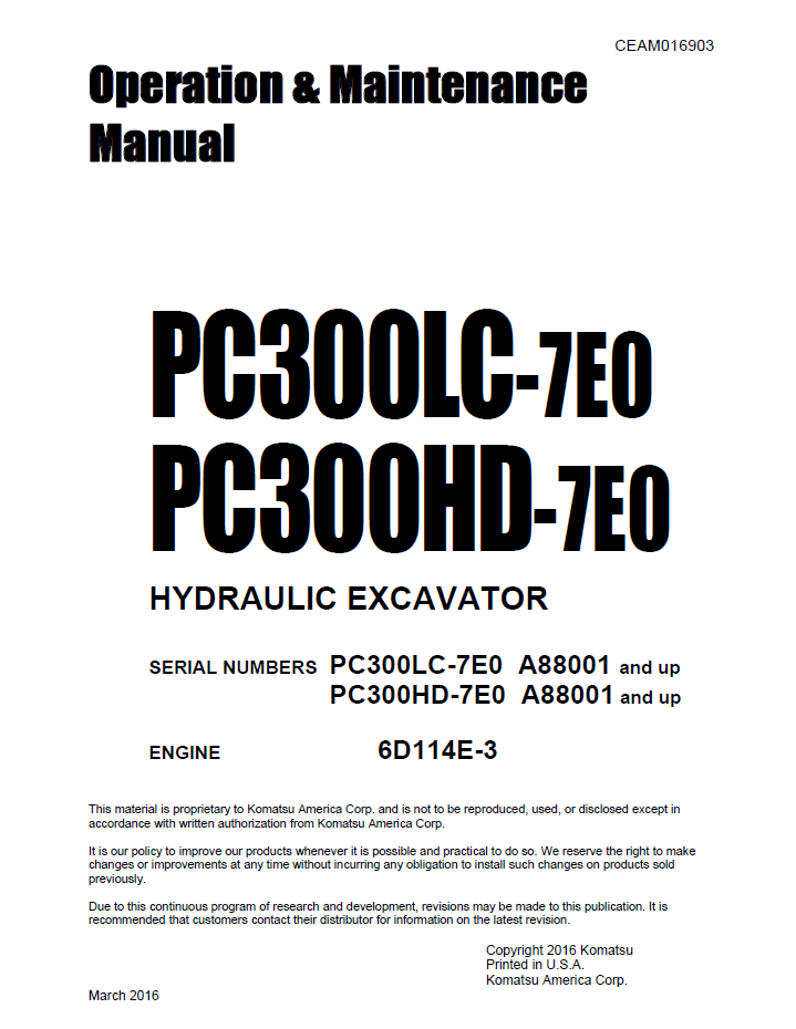Komatsu PC300LC-7E0 PC300HD-7E0 Excavator Manual CEAM016903