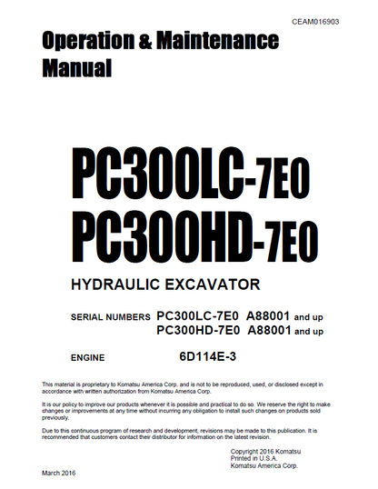 Komatsu PC300LC-7E0 PC300HD-7E0 Excavator Manual CEAM016903