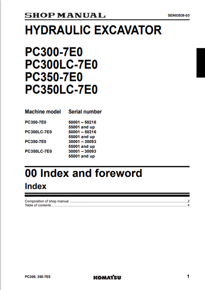 Komatsu PC300LC-7E0 PC350LC-7E0 Excavator Service Manual