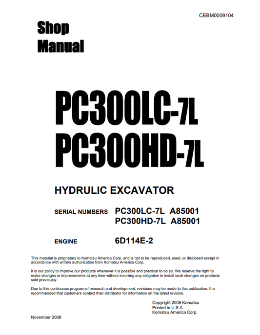 Komatsu PC300LC-7L PC300HD-7L Excavator Shop Manual A85001