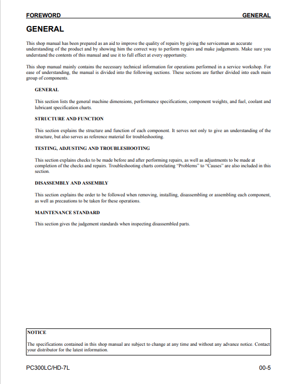 Komatsu PC300LC-7L PC300HD-7L Hydraulic Excavator Maintenance Manual PDF