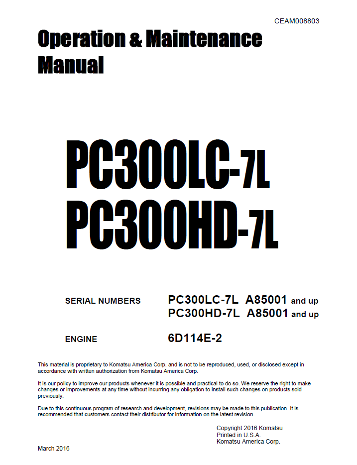 Komatsu PC300LC-7L PC300HD-7L Hydraulic Excavator Manual CEAM008803