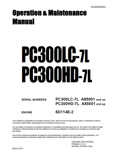 Komatsu PC300LC-7L PC300HD-7L Hydraulic Excavator Manual CEAM008803