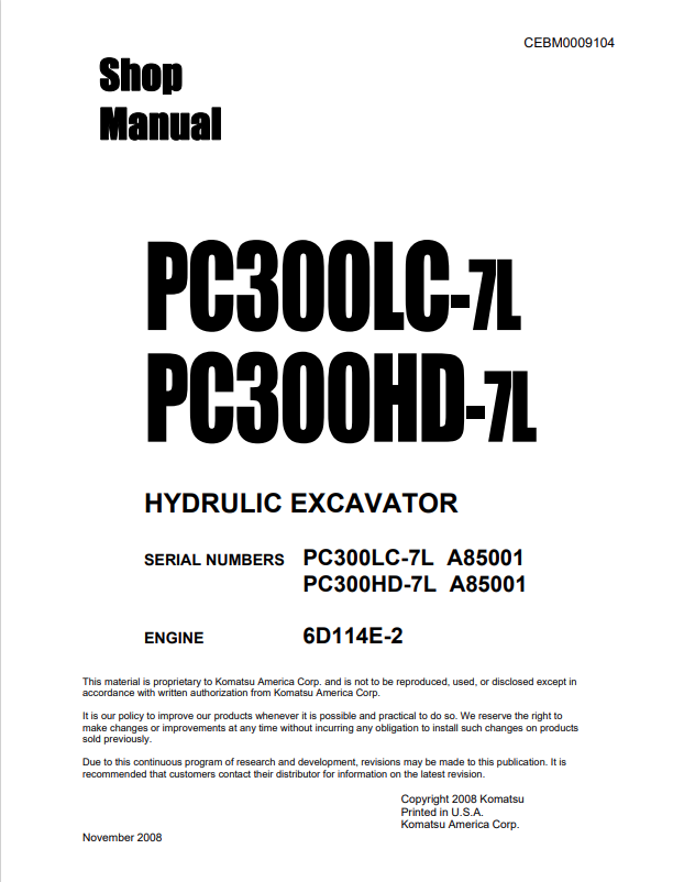 Komatsu PC300LC-7L PC300HD-7L Hydraulic Excavator Shop Manual CEBM0009104 PDF