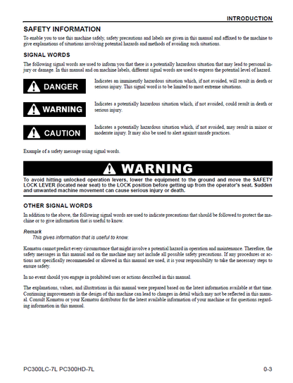 Komatsu PC300LC-7L and PC300HD-7L Operation and Maintenance Manual CEAM008803