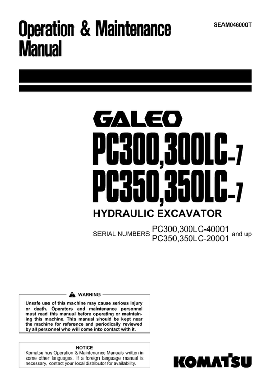 Komatsu PC300LC-7 Excavator Operation & Maintenance Manual PDF