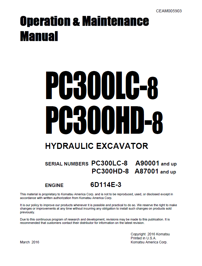 Komatsu PC300LC-8 PC300HD-8 Hydraulic Excavator Manual CEAM005903