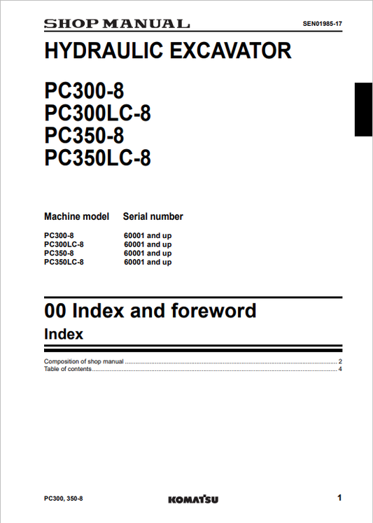 Komatsu PC300LC-8 PC350LC-8 Excavator Service & Repair Manual