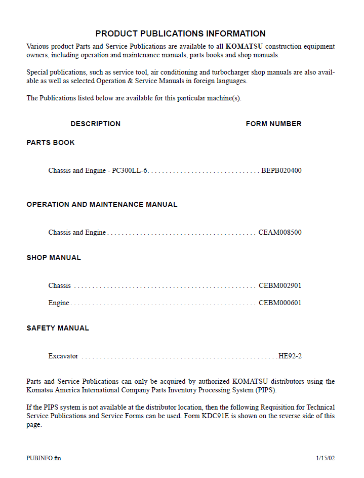 Komatsu PC300LL-6 Hydraulic Excavator Operating Instructions Manual CEAM008501
