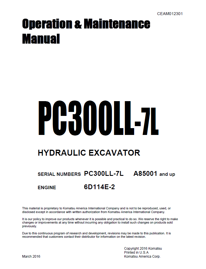 Komatsu PC300LL-7L Hydraulic Excavator Manual CEAM012301