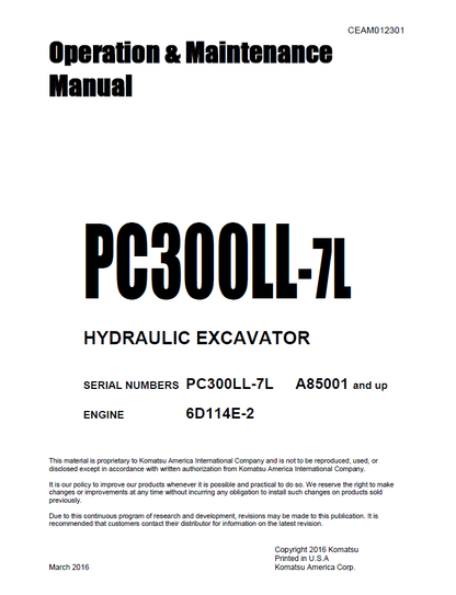 Komatsu PC300LL-7L Hydraulic Excavator Manual CEAM012301