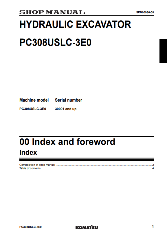 Komatsu PC308USLC-3E0 Excavator Service & Repair Manual