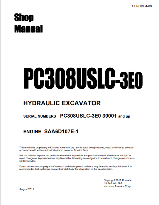 Komatsu PC308USLC-3E0 Hydraulic Excavator Shop Manual PDF