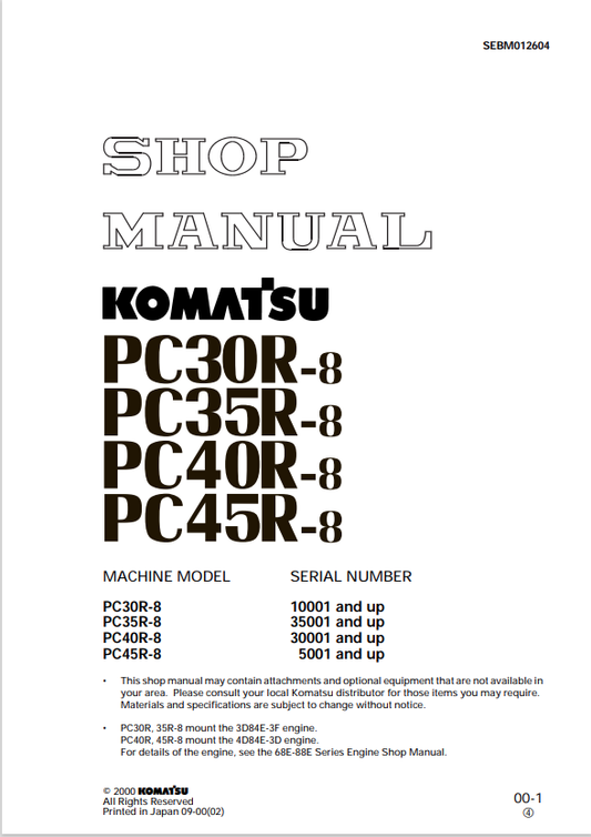 Komatsu PC30R-8, PC35R-8, PC40R-8, PC45R-8 Excavator Shop Manual - PDF File