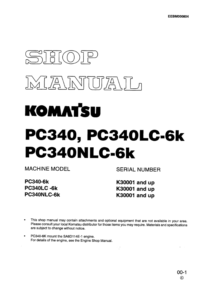 Komatsu PC340-6K Series Excavator Shop Manual | Pub No. EEBM000804