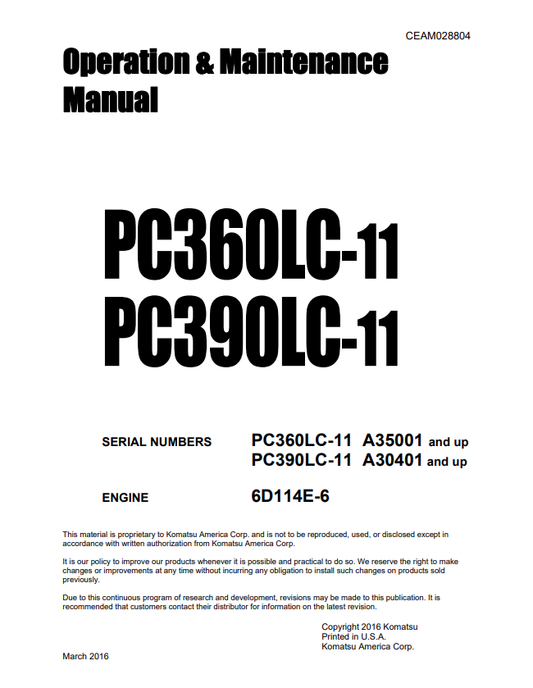 Komatsu PC360LC-11 PC390LC-11 Crawler Excavator Shop Manual PDF