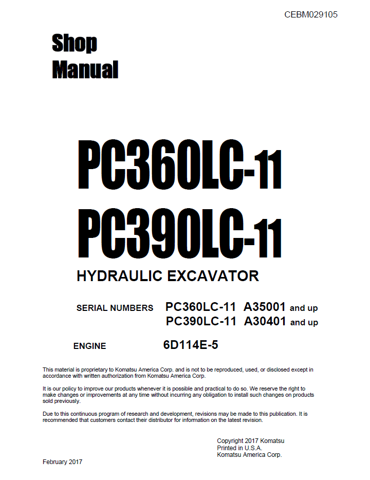 Komatsu PC360LC-11 & PC390LC-11 Hydraulic Excavator Official Shop Service Manual (CEBM029105)