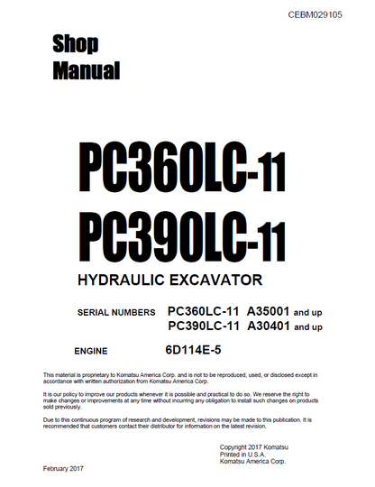 Komatsu PC360LC-11 & PC390LC-11 Hydraulic Excavator Official Shop Service Manual (CEBM029105)