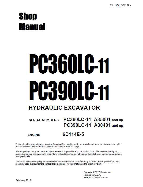 Komatsu PC360LC-11 and PC390LC-11 Hydraulic Excavator Shop Manual PDF CEBM029105