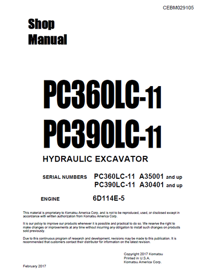Komatsu PC360LC-11 and PC390LC-11 Hydraulic Excavator Shop Manual PDF CEBM029105