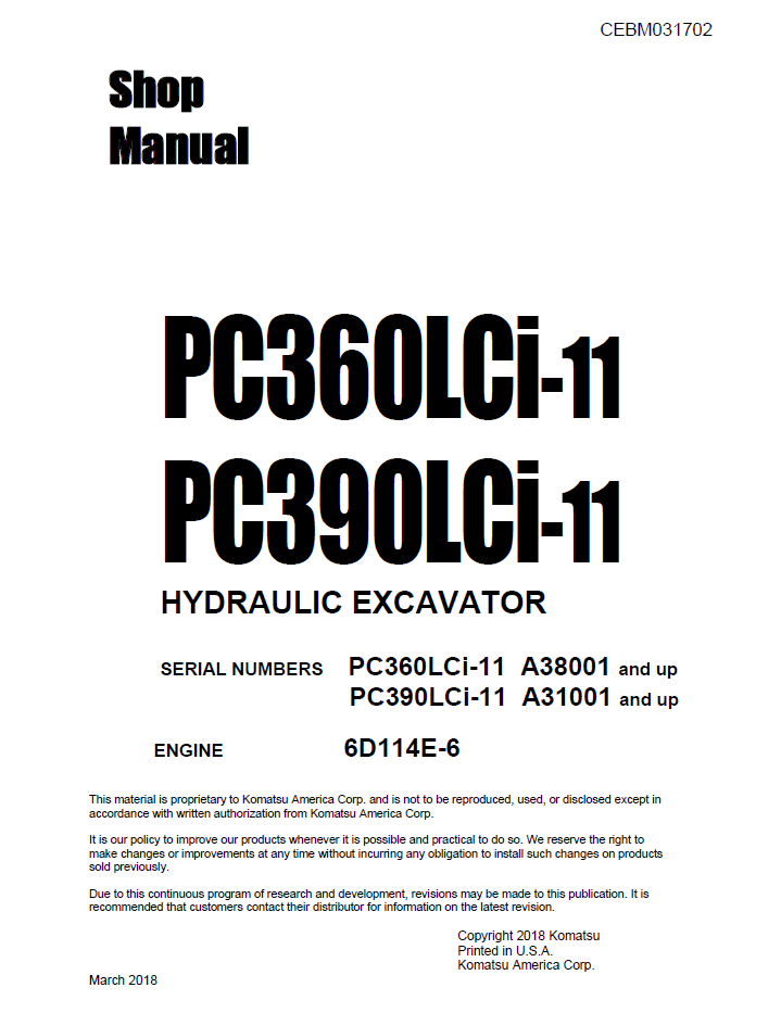 Komatsu PC360LCI-11 PC390LCI-11 Hydraulic Excavator Shop Manual PDF – CEBM031702