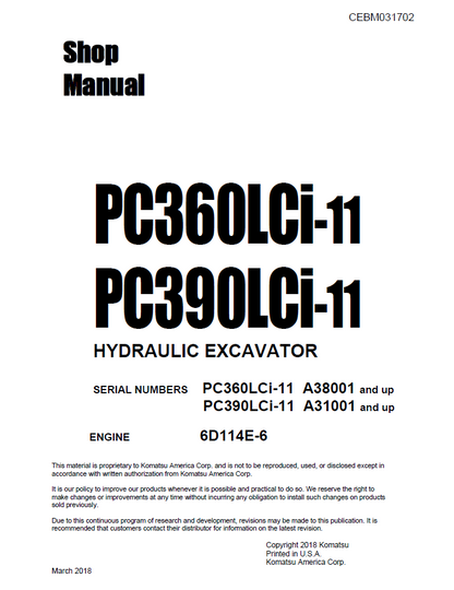 Komatsu PC360LCI-11 PC390LCI-11 Hydraulic Excavator Shop Manual PDF – CEBM031702