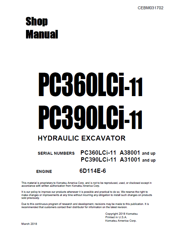 Komatsu PC360LCi-11 PC390LCi-11 Hydraulic Excavator Shop Manual PDF CEBM031702
