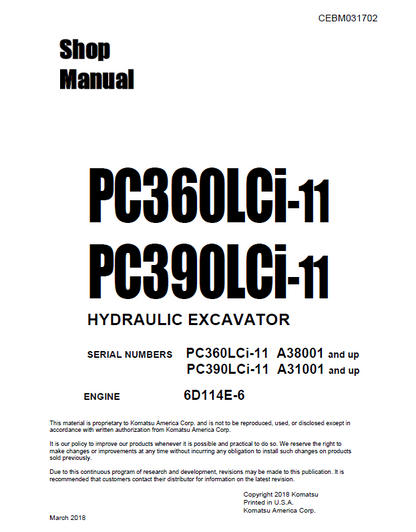 Komatsu PC360LCi-11 PC390LCi-11 Hydraulic Excavator Shop Manual PDF CEBM031702